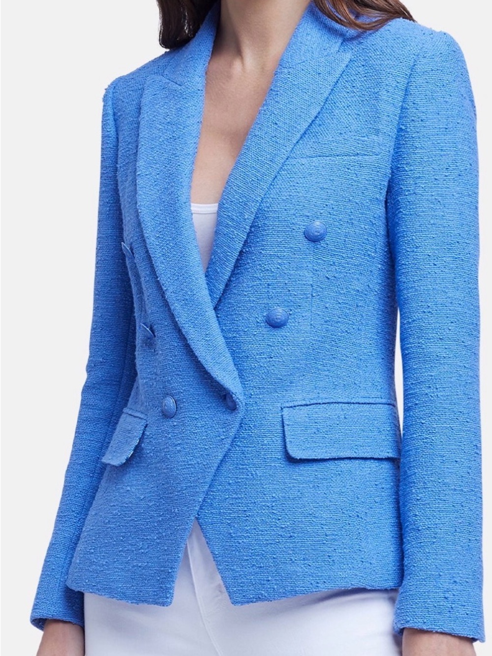 L'AGENCE Kenzie Double-Breasted Tweed Blazer in Blue Bonnet